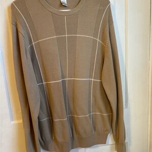 Geoffrey Beene Tan Crewneck Sweater with Windowpane Pattern